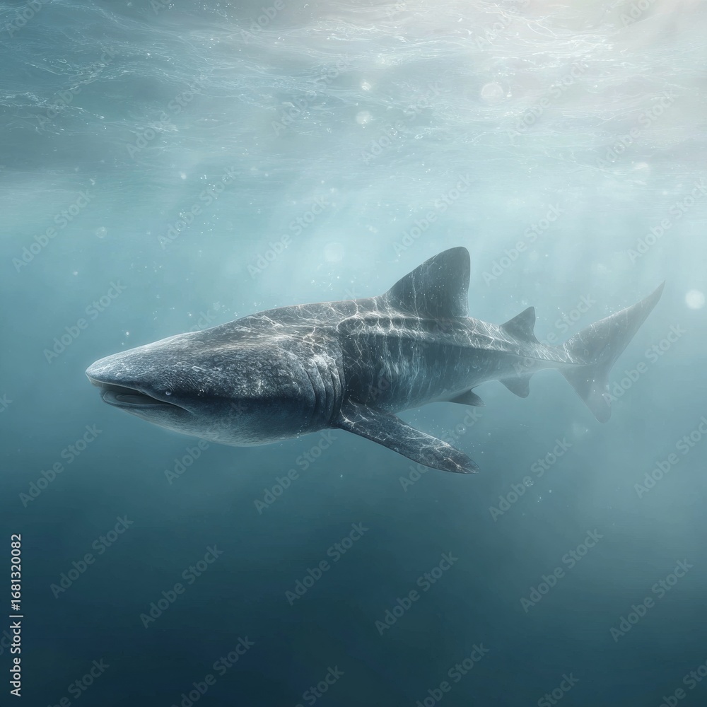 Fototapeta premium Basking Shark Filter-Feeding Underwater