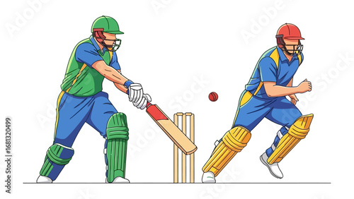 Cricket Match: A dynamic illustration shows a batsman poised to strike, while the runner sprints forward. The scene encapsulates the energy and precision of the sport.