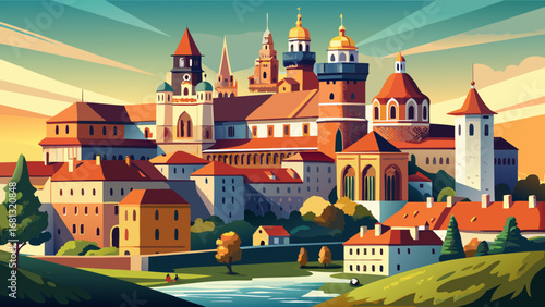 Kraków’s Wawel Castle, Poland, combines Renaissance courtyards, cathedral domes, and fortress walls. Sunlight warms brick and stone; semi-realistic flat vector highlighting rich textures, layers, and 