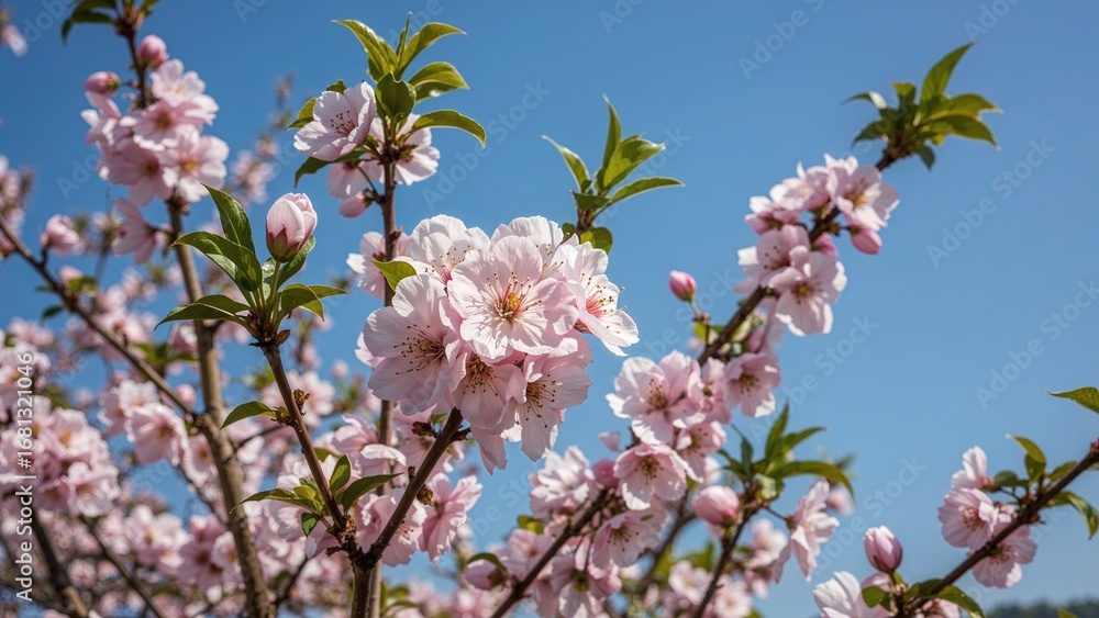 Fototapeta premium Springtime Wild Cherry Blossoms, Prunus cerasoides, Pink Sakura Floral Background