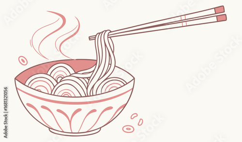 Flat vector illustration of a steaming bowl of noodles, clean minimal vector style, soft pastel colors
