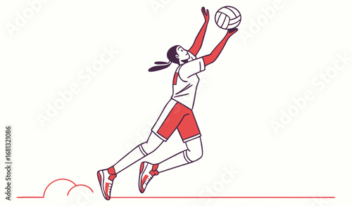 Flat vector illustration of a volleyball player jumping, minimal clean style, bold flat colors
