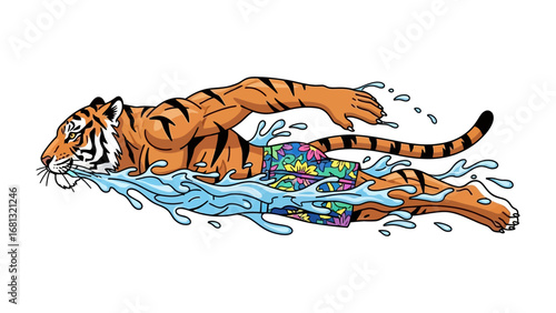 Tiger Swimming in water: An illustrated tiger, with a muscular build and a playful, confident demeanor, is depicted gracefully swimming through water.