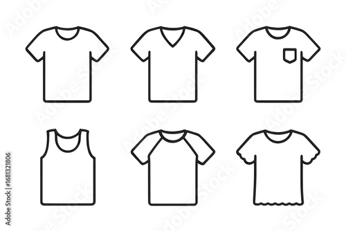 Collection of six simple t-shirt outlines with various necklines and sleeves