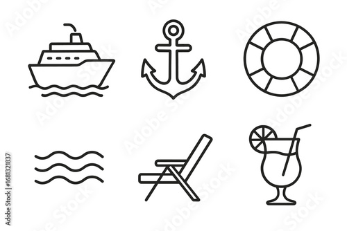 Minimalistic nautical icons: ship, anchor, lifebuoy, waves, deck chair, cocktail