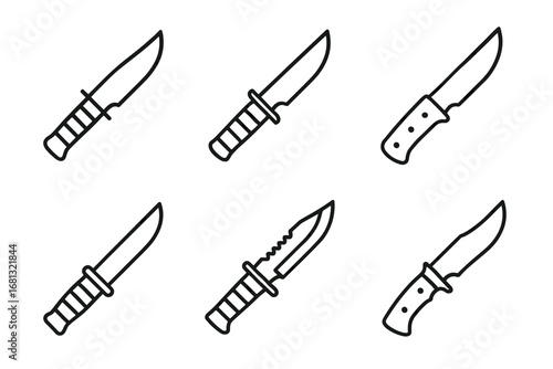 Set of six different hunting knives with various blade designs on white background