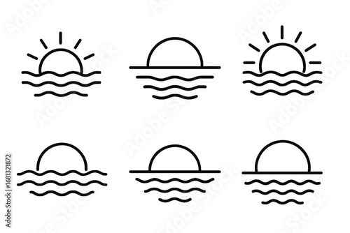 Minimalist sunsets with ocean waves icons in black line art