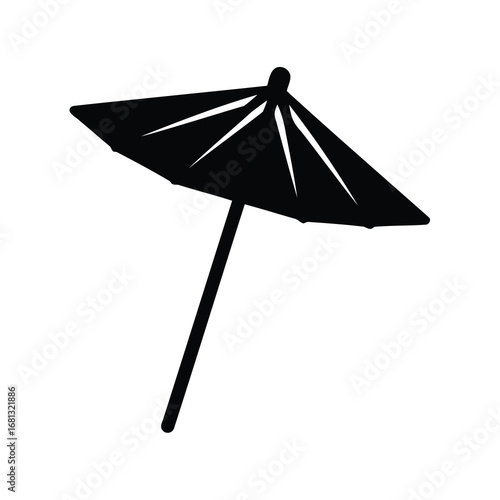 Black silhouette of cocktail umbrella icon - Minimal black silhouette of a small cocktail umbrella, symbolizing tropical drinks, summer parties, beach vibes, bar culture, and celebration.
