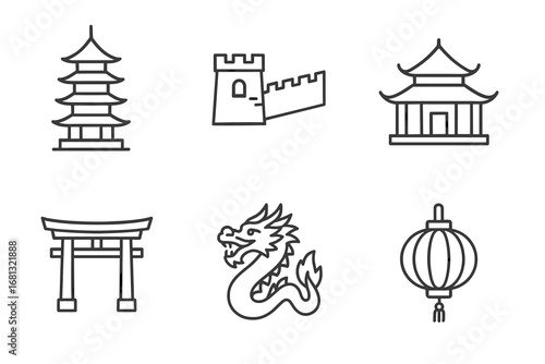 Minimalist asian icon set featuring pagoda, great wall, dragon, lantern, and torii