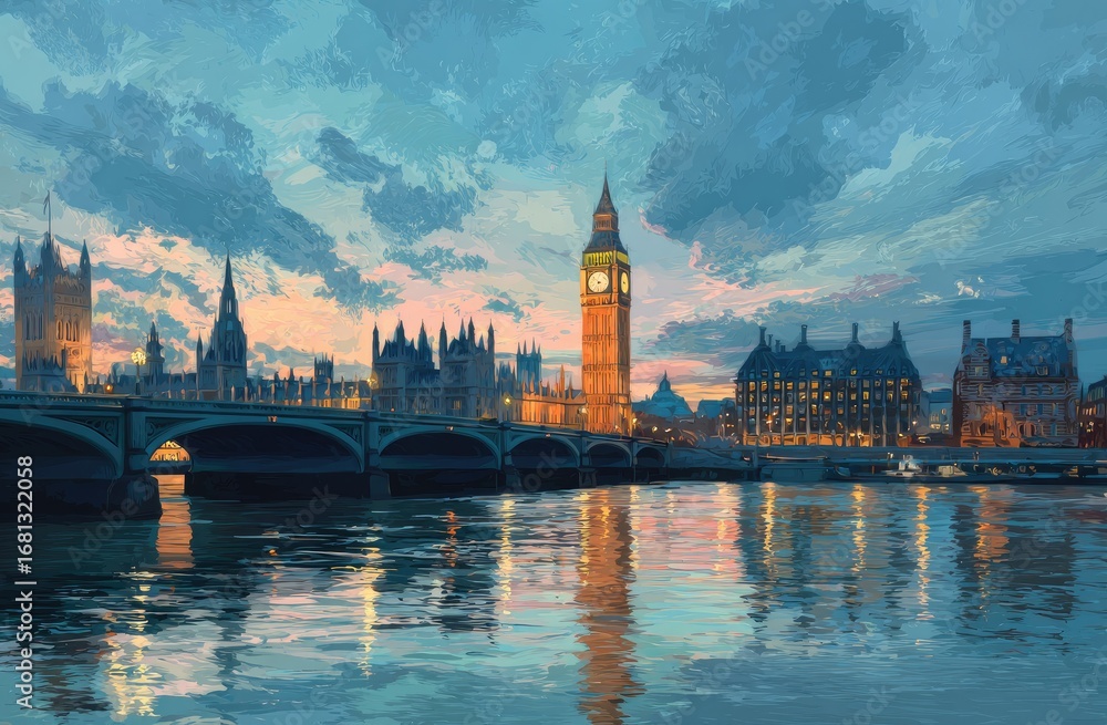 Naklejka premium London cityscape at twilight, reflecting in the river