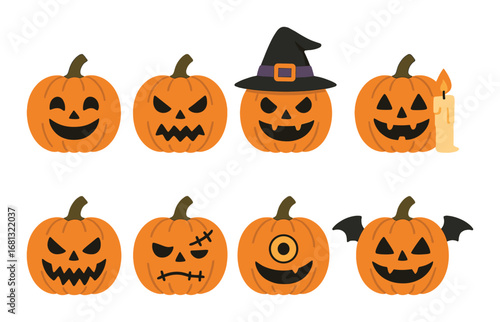 Spooky halloween pumpkin faces with various expressions and witch hat