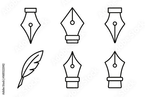 Collection of pen nib icons and quill feather drawing tools