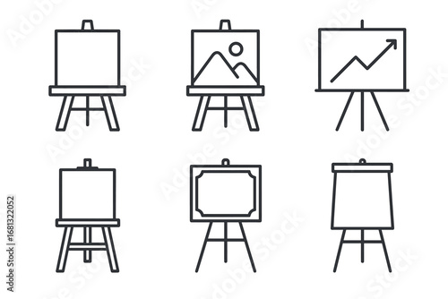 Set of six minimalist easel icons: blank, landscape, graph, canvas, frame, flipchart