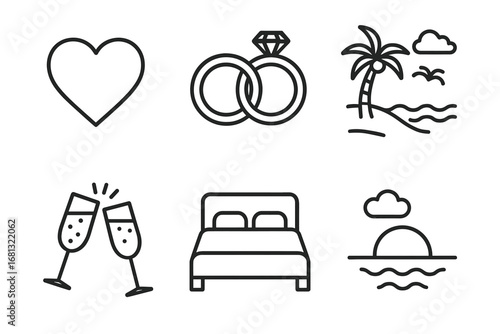Romantic love and travel icons: heart, rings, beach, champagne, bed, sunset