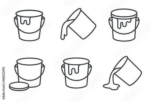 Simple line art illustrations of paint buckets and pouring paint