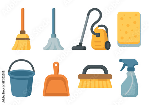 Essential cleaning tools set: broom, mop, vacuum, sponge, bucket, dustpan, brush, spray bottle