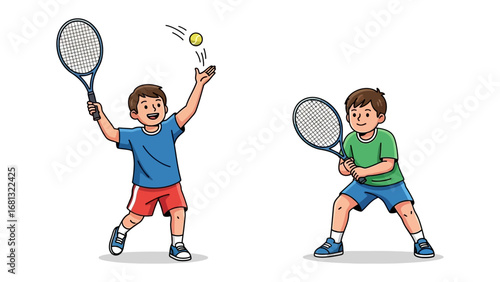 Tennis Match Illustration: Dynamic illustration depicts two young boys engaged in a friendly game of tennis, capturing the essence of sport and childhood energy.