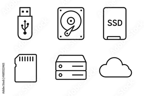 Digital storage icons: usb, hard drive, ssd, sd card, server, cloud