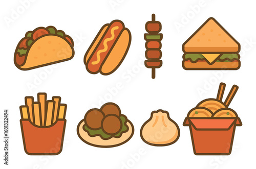 Colorful icons of popular street foods including tacos, hot dog, kebab, and more