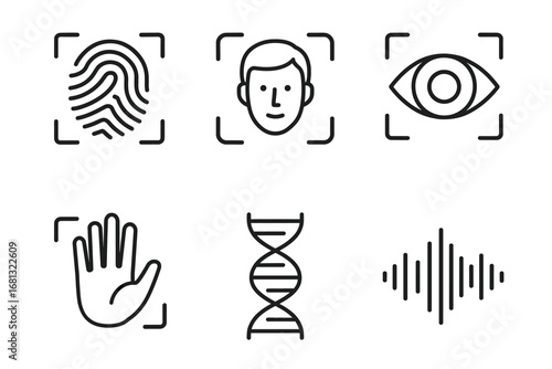 Biometric icons for security: fingerprint, face, eye, hand, dna, voice recognition
