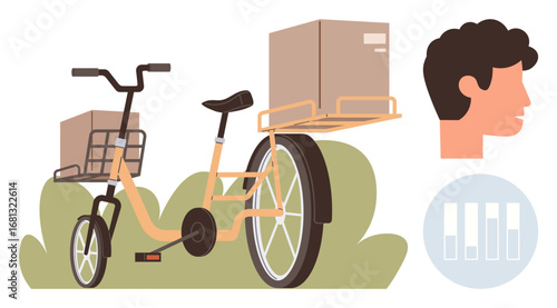 Yellow cargo bike carrying packages on racks, next to side profile of a rider and bar chart. Ideal for delivery concepts, urban transport, logistics, eco-friendly solutions, sustainable living