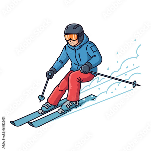 Skier on the Slope: A person in a blue jacket and red pants is carving down a snowy slope, with skis and poles in action. Illustrating the thrill of downhill skiing.