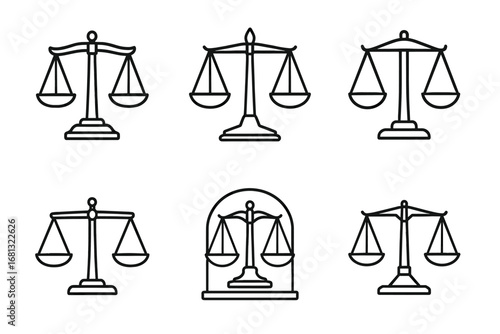 Set of law scales icons in various designs on white background