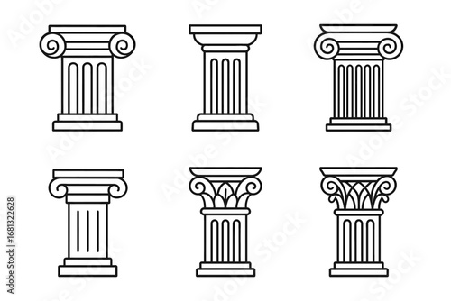 Collection of classical greek and roman column designs in black line art