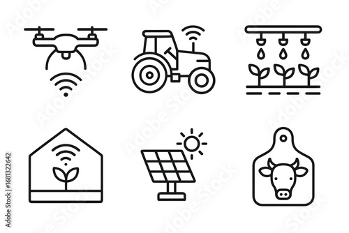 Smart farming technology icons: drone, tractor, irrigation, greenhouse, solar panel, livestock
