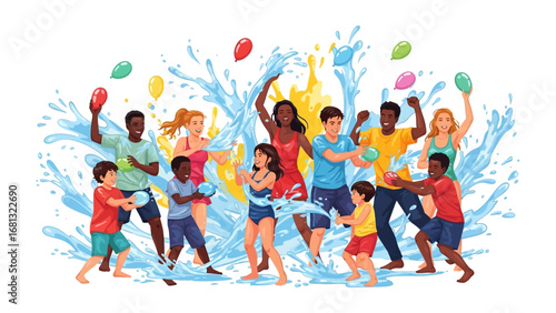 Water Fun and Festive Balloons: A joyful gathering of diverse individuals of all ages revel in a vibrant water fight, adorned with colorful balloons, representing summer fun and happiness.