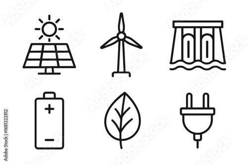 Renewable energy icons: solar panel, wind turbine, hydroelectric dam, battery, leaf, plug