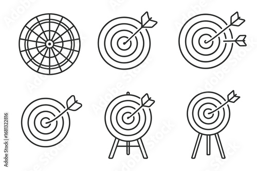 Set of six dartboards with arrows in outline style for target practice