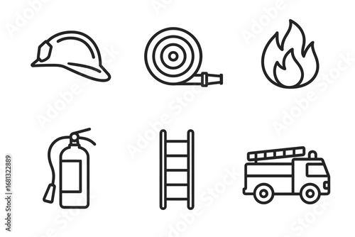 Firefighter tools and equipment icons: helmet, hose, flame, extinguisher, ladder, truck