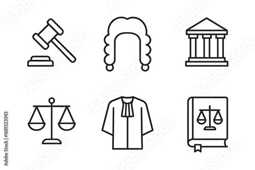 Law icons: gavel, judge wig, courthouse, scales, robe, legal book illustrations