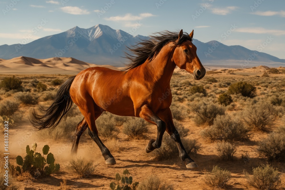 Fototapeta premium Free-Spirited Stallion Exploring the Vast Arid Landscape