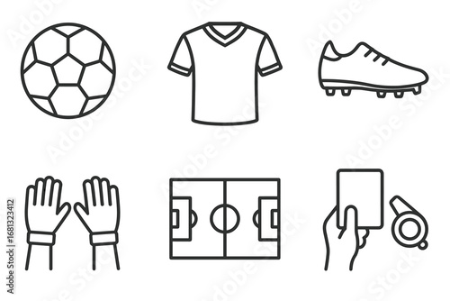 Soccer essentials: ball, jersey, cleats, gloves, field, cards, whistle icons