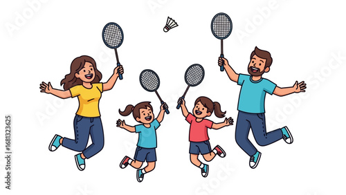 Family Badminton Fun: A vibrant illustration captures a happy family enjoying a game of badminton, with racquets and shuttlecock set against a playful backdrop of a fun-filled day.