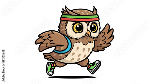 Owl Athlete's Sprint: A spirited illustration of an owl sprinting with athletic prowess, donning a headband, and sneakers, exuding energy and determination.