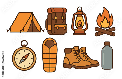 Camping essentials: tent, backpack, lantern, campfire, compass, sleeping bag, boots, water bottle