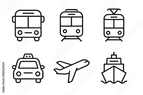 Simple line icons of transportation: bus, train, car, airplane, ship