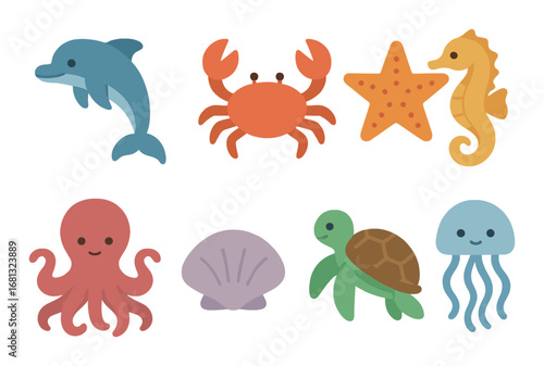 Cute ocean animals illustration with whale, crab, starfish, seahorse, octopus, shell, turtle, jellyfish