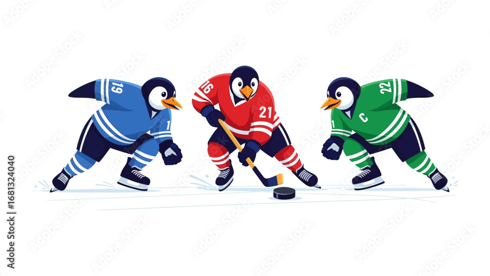 Fototapeta premium Puck Battle: A vivid illustration captures the thrill of the game with three energetic penguins, each poised with hockey sticks, ready to battle for the puck.