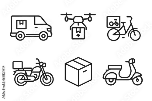 Icons of delivery vehicles and methods: van, drone, bicycle, motorcycle, scooter, box
