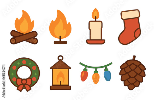 Festive holiday icons featuring candles, stockings, and christmas lights on warm background