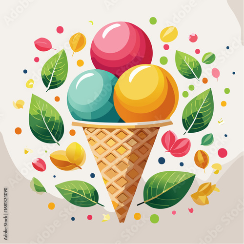 Colorful Ice Cream Scoops in Waffle Cone with Green Leaves