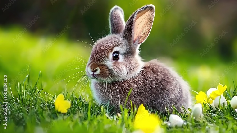 Fototapeta premium Cute Little Brown Bunny on Green Grass by Water, Spring Yellow Flowers Easter Animal Natural Concept Scene 