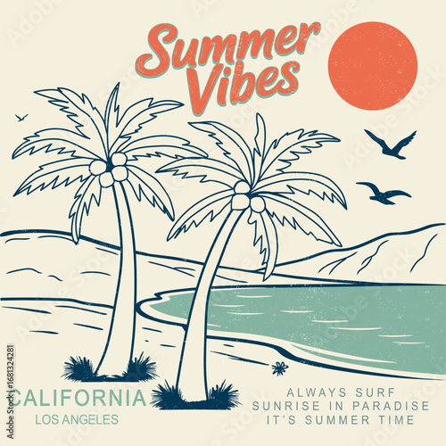 vintage retro summer graphics. summer vibes in california los angeles. sunset for endless summer vibes graphics. adventure surfing beach paradise. summer t-shirt design. vintage graphic tee.	

