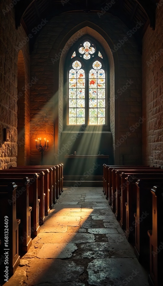 Fototapeta premium Candlelight Illuminates Rustic Church Interior Warm Shadows on Aged Pews, Evoking Peace and Spirituality. Perfect for Faith, Remembrance, and Memorial Themes.