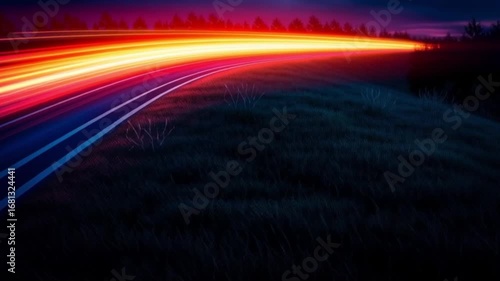 Abstract Speeding Light Trails on Curving Road at Dusk