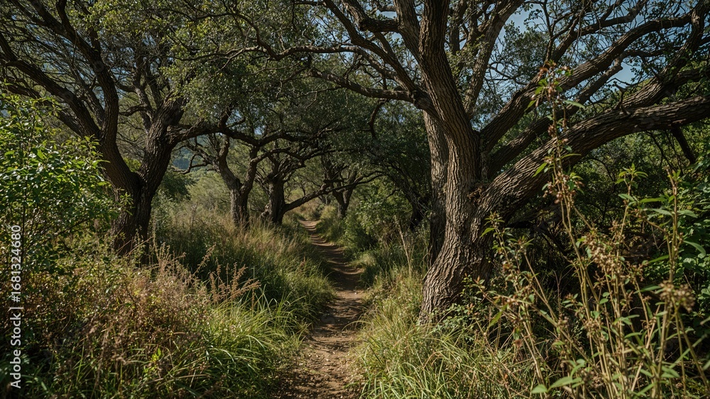Obraz premium Vertical photo of a classic Mediterranean scene featuring trees, a tight path, and wild plants.
